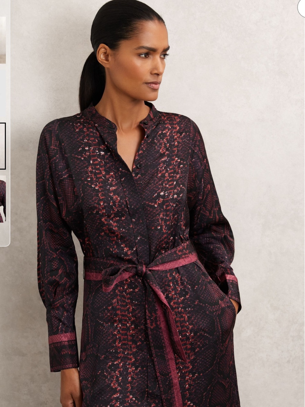 Reiss Burgundy and Black Printed Long-Sleeve Robe Shirt Dress